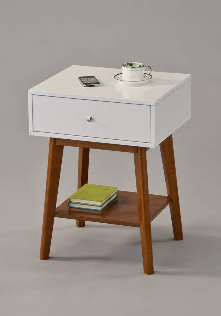 White/Dark Oak Side End Table Nighstand with Drawer and Shelf 24" H - Mid-Century Style