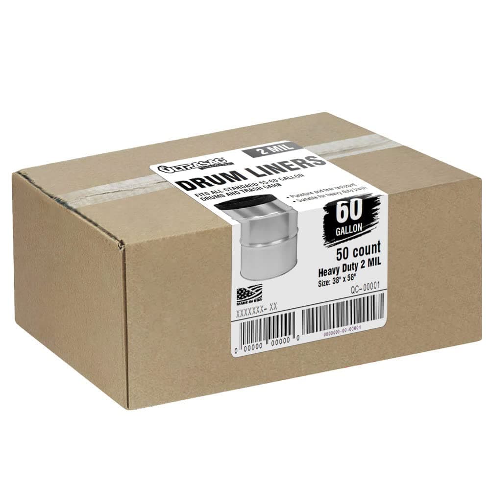 Heavy Duty Drum Liner, 55-60 Gallon, 2 Mil, 38"x58", Black, 50 Count/w Ties