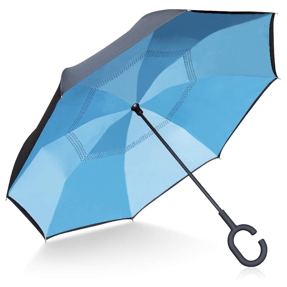 TOOGE Umbrella Inverted/Reversible, Long Windproof Umbrella Double Layer Inside-Out Self-Standing for Women and Men with Carring Bag (Sky Blue)