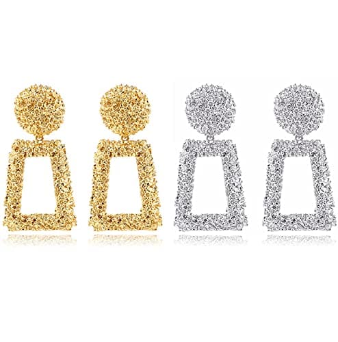2 Pack Golden and Silver Raised Design Rectangle Statement Earrings Fashion Jewelry KELMALL COLLECTION …
