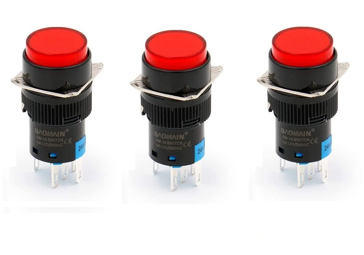 KAMCON? 16mm Push Button Switch Momentary Round Cap LED Lamp Red, Yellow,Blue,Green Light DC 24V SPDT 5 Pin (3 Nos of RED)