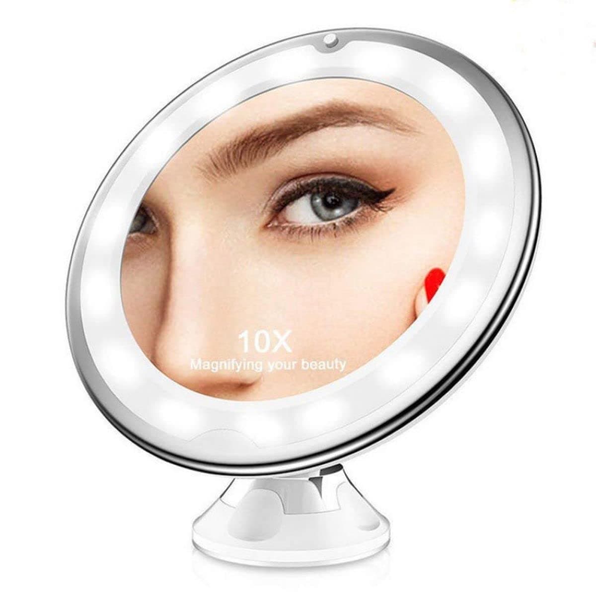 17cm Magnifying Mirror with Light 10x Magnification, Led Makeup Mirror with Suction Cups Lighted Mirror 360° Rotatable Powered By AAA X3