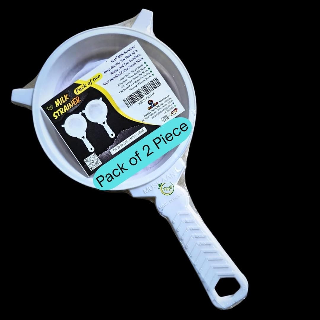 Milk Strainer Deep Double Net Pack of 2, Milk, Water, Tea, Nut Milk Strainer, Handheld Medium Size Plastic Filter with Double Fine Nylon Mesh | Moina Net - Length 20 Cm, Dia 10 Cm, White Colour