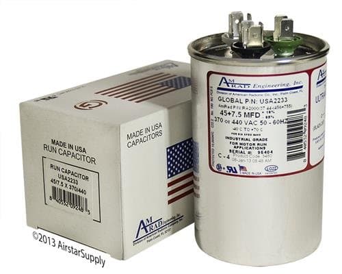 Trane CPT00669 / CPT-0669 Replacement - 45 + 7.5 uf/Mfd 370/440 VAC AmRad Round Dual Universal CapacitorReplacement Made in The U.S.A.