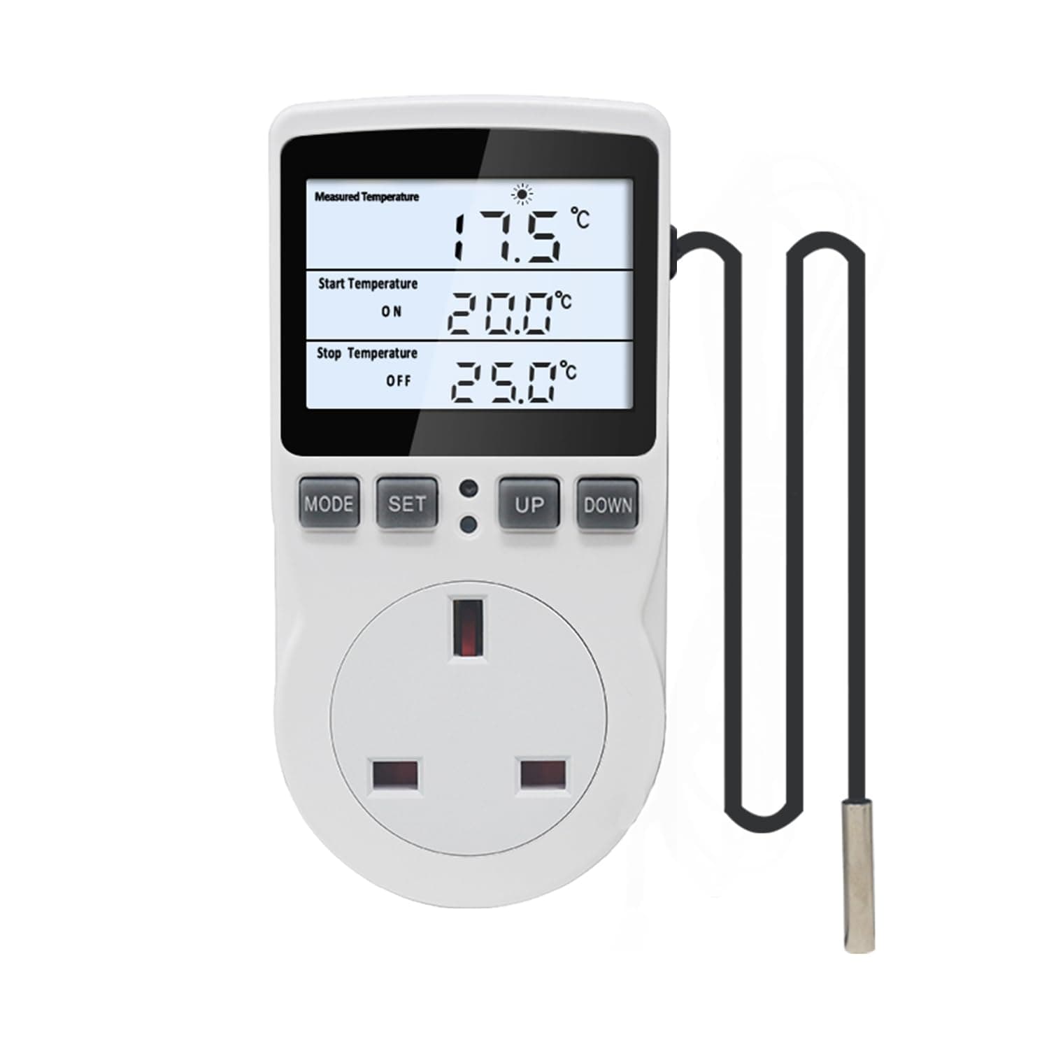 Temperature Controller Thermostat Plug Socket 220V with LCD Backlight, Digital Thermostatic Plug with 3m Sensor Probe, Heating Cooling Temperature Switch