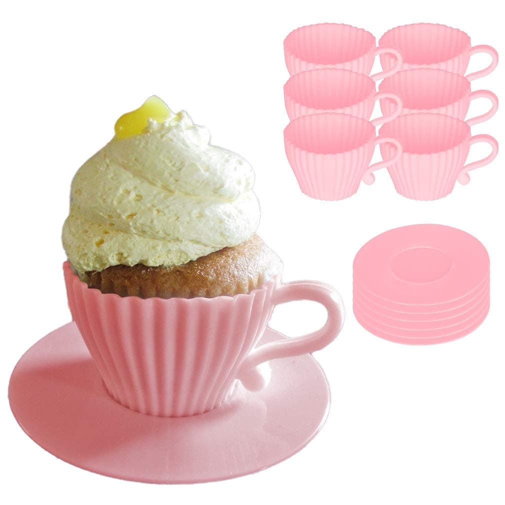 Evelots Baking Cupcake Teacup Mold Set-Oven Safe Silicone-W/Saucers-Bridal/Baby Shower-Birthday/Tea party-2 Colors-Set/12