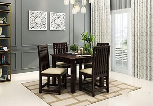 Krishna Wood Decor Solid Sheesham Wood Dining Table 4 Seater with Chairs Set | 4 Seater Dining Table Wooden | Dining Table 4 Seater Set | Dining Room Set Furniture | Walnut Finish