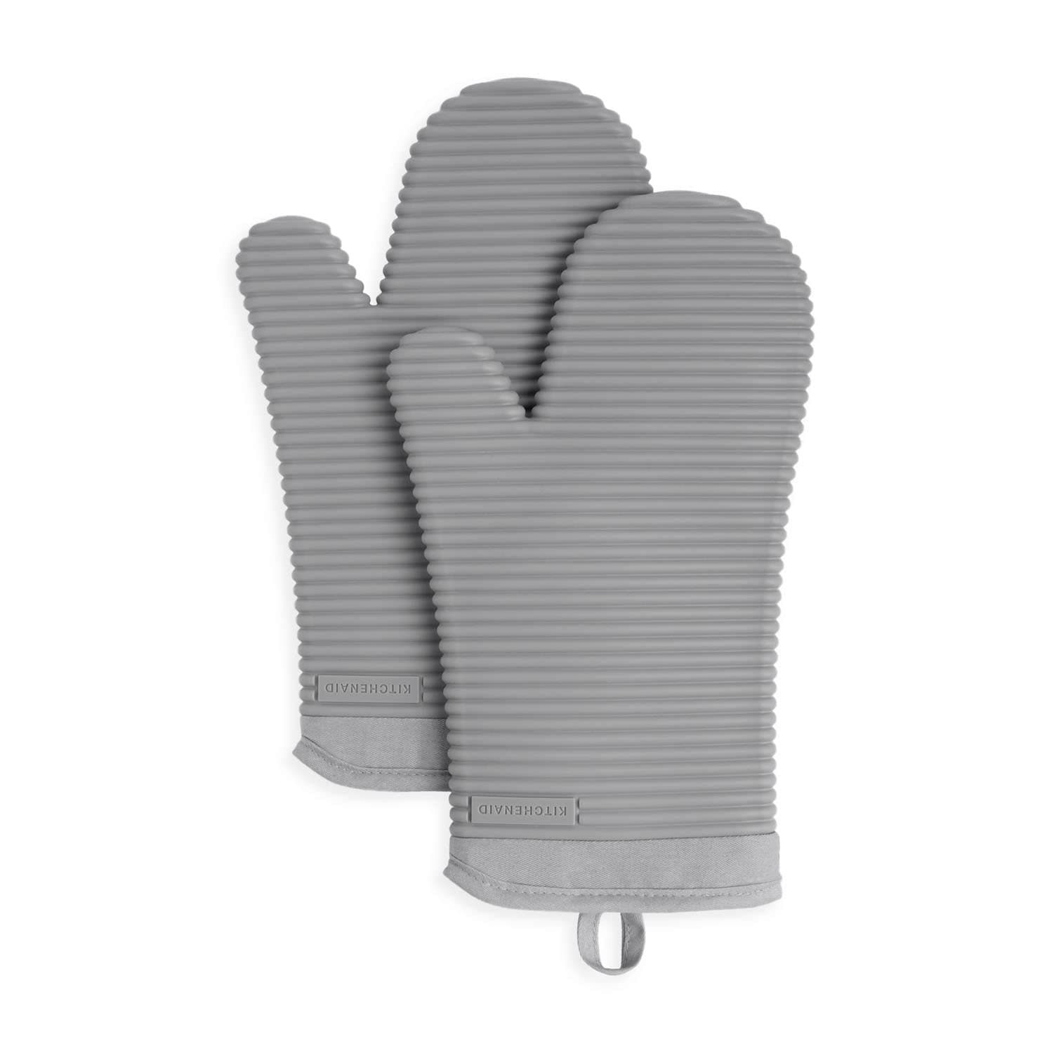KITCHENAID Ribbed Soft Silicone Oven Mitt 2-Pack Set, 7.5"x13", Grey