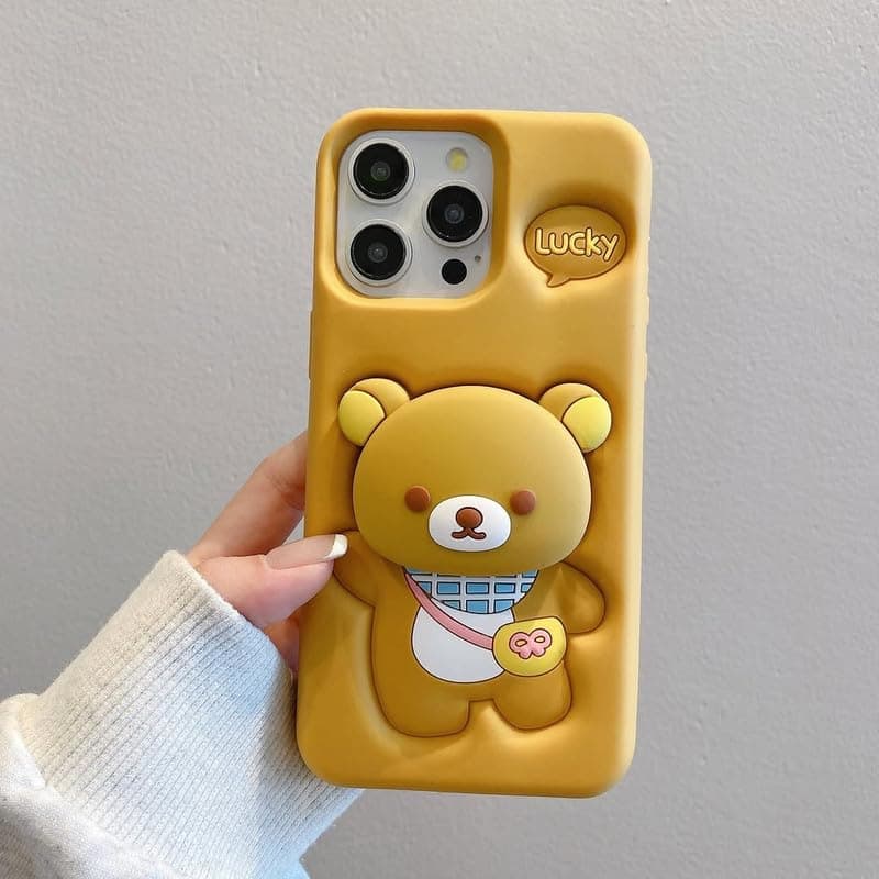 COVERLY for iPhone 14 3D Teddy Bear Cartoon Pop Case,Premium Silicone Lucky Teddy Bear Love Light Brown Color with Phone Holder Cool Full Protective Cute Kawaii Aesthetic Cover for Apple iPhone 14