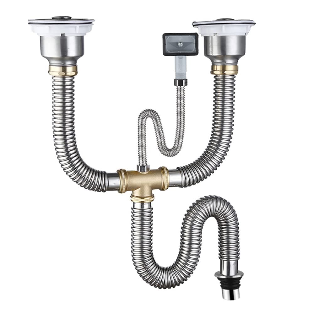 Rubik Kitchen Double Sink Drain Pipe Kit Two-slot Stainless Steel Drainer Hose Pipe Fittings with Strainer and Overflow Pipe