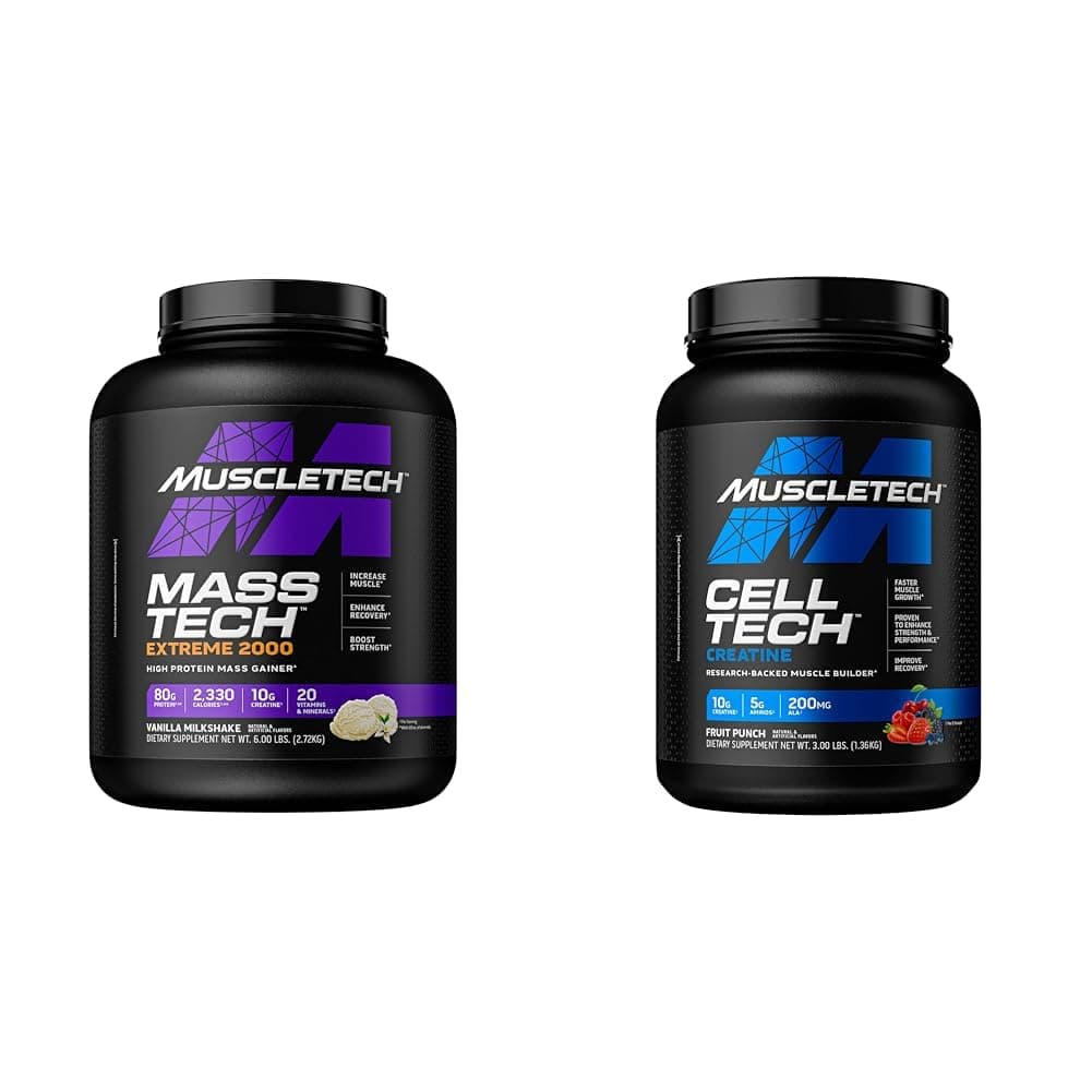 MuscleTech Mass Gainer Mass-Tech Extreme 2000, Muscle Builder Whey Protein Powder & Creatine Monohydrate Powder Cell-Tech Creatine Post Workout Recovery Drink Muscle Builder
