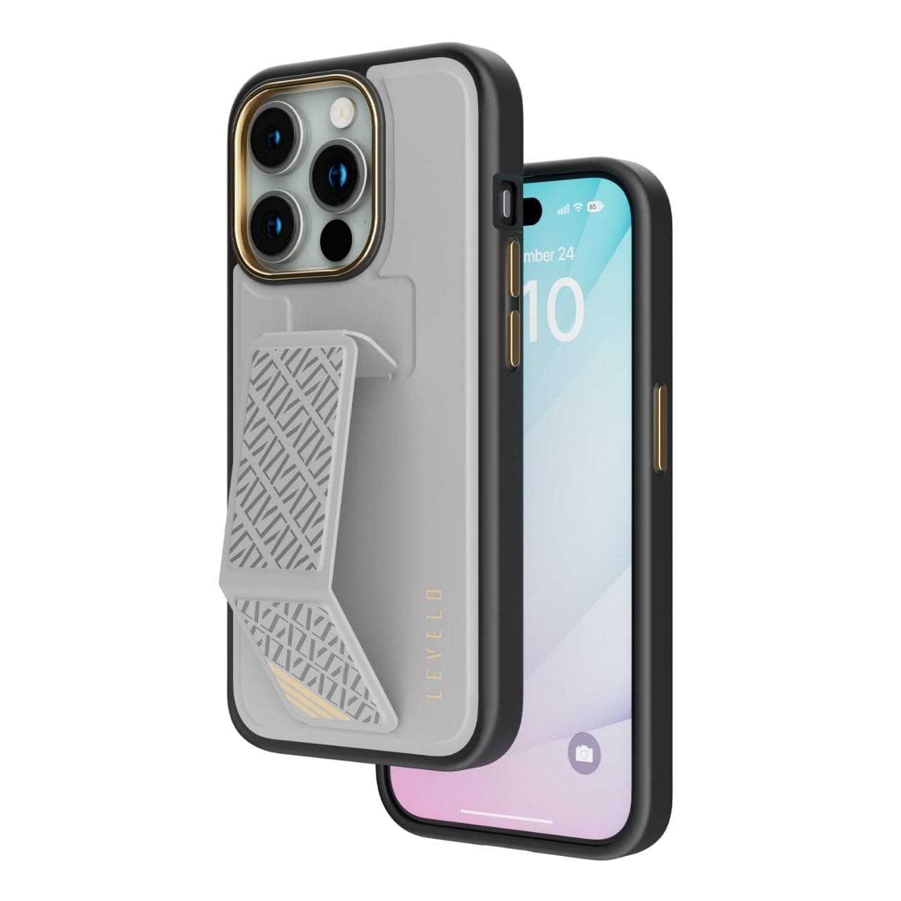 LEVELOMorphix Cuero Gripstand Case For iPhone 15 Pro: Premium Leather Kickstand Grip, Multi-Positioning Modes, Shock-Proof Edges, PU Skin-Feel Leather with Built-In Grip (Grey)