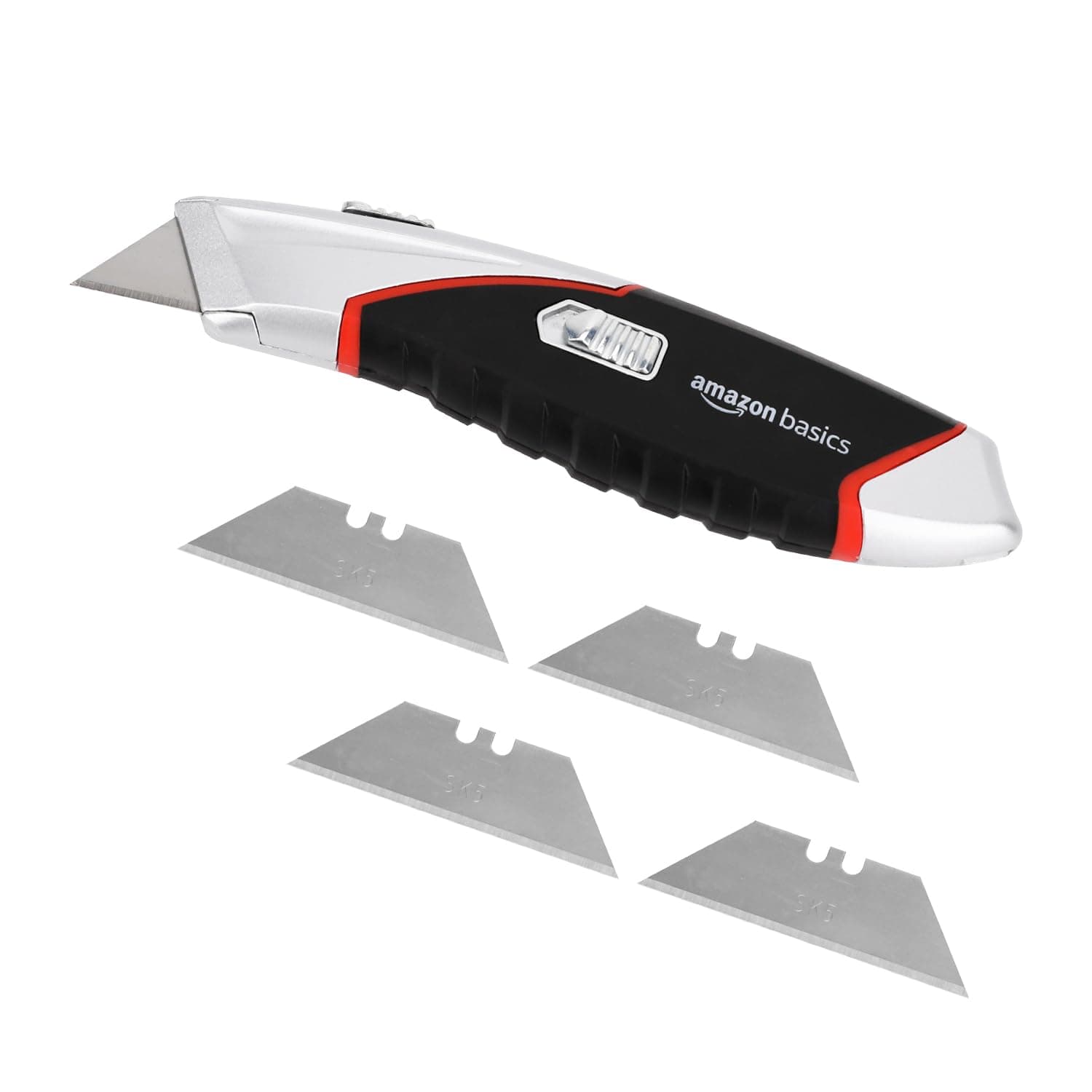 Heavy Duty Retractable Auto-Load Ergonomic Utility Knife 3-Position Locking Blade with 4 Replaceable Blades in Designed Storage, Black/Silver
