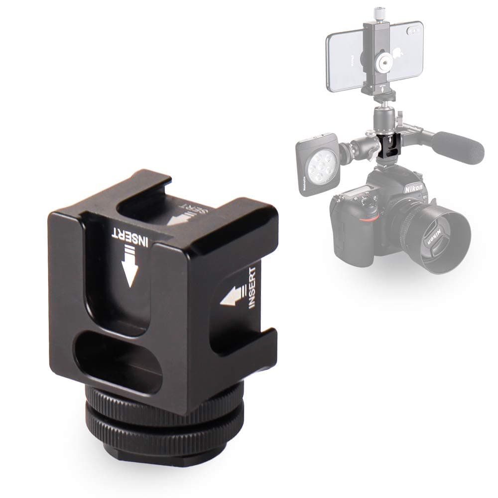 Camera Hot Shoe Extension Bracket Mount Adapter - Aluminium Quadruple Cold Shoe Adapter for Microphone LED Video Light, LED Monitors, Microphones, Audio Recorder & Studio Flash Video Camera