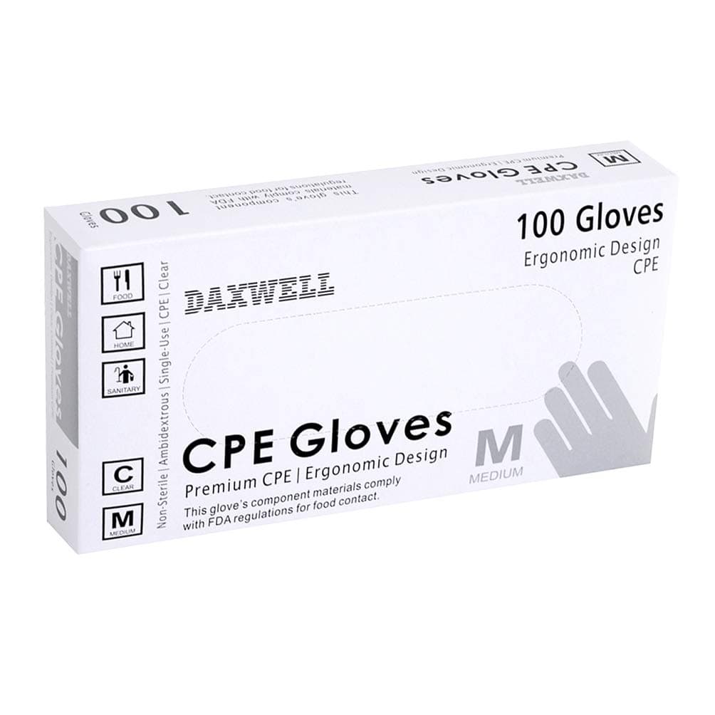 DaxwellPoly Gloves, Embossed, Premium Cast Polyethylene (CPE), Powder Free, Medium, Clear, F10000171B (Box of 100)