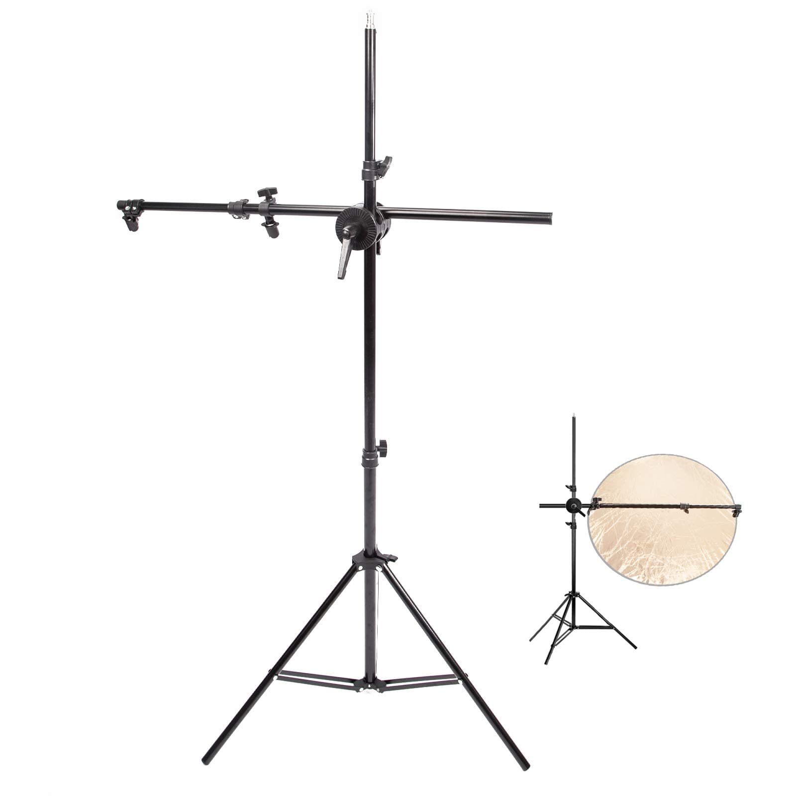 Photo Studio 200cm Adjustable Light Stand with 174cm Reflector Holder Arm and Dual Clamp, Portable Telescopic Crossbar Boom Arm Tripod with Clamp, for Video Product Shooting Portrait Photography
