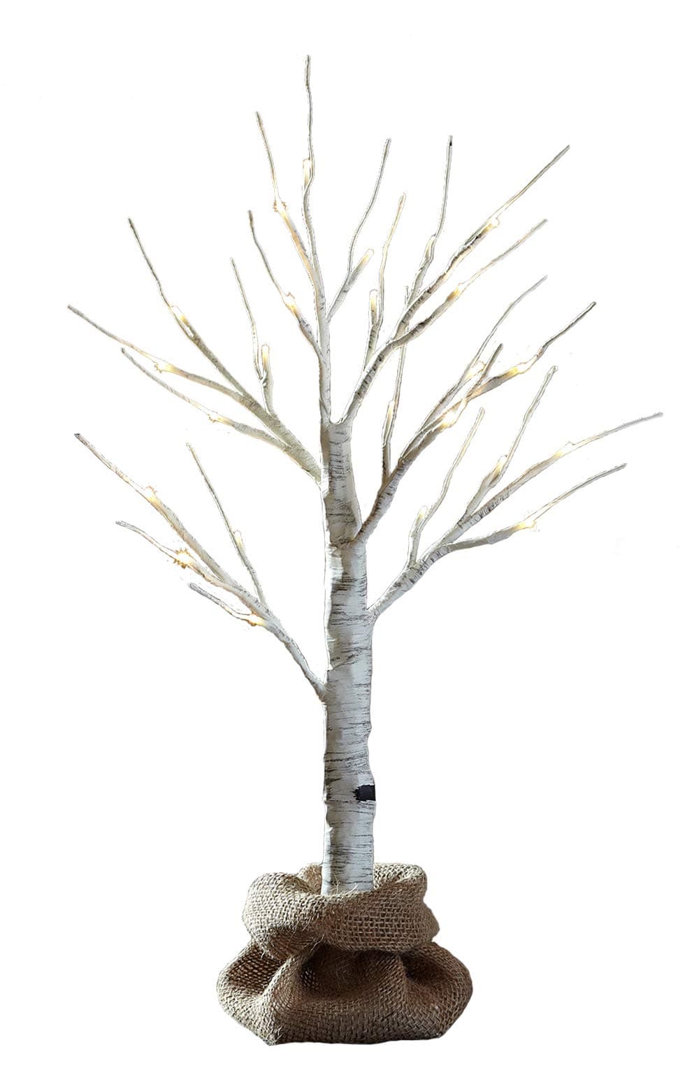 LED Birch Tree Hand-Painted Bonsai String Light 24 LED for Indoor Use Warm White Lights Dual-Power Design Battery or Power Adapter Operated Burlap Sack Included 24in Tall - 2Pack