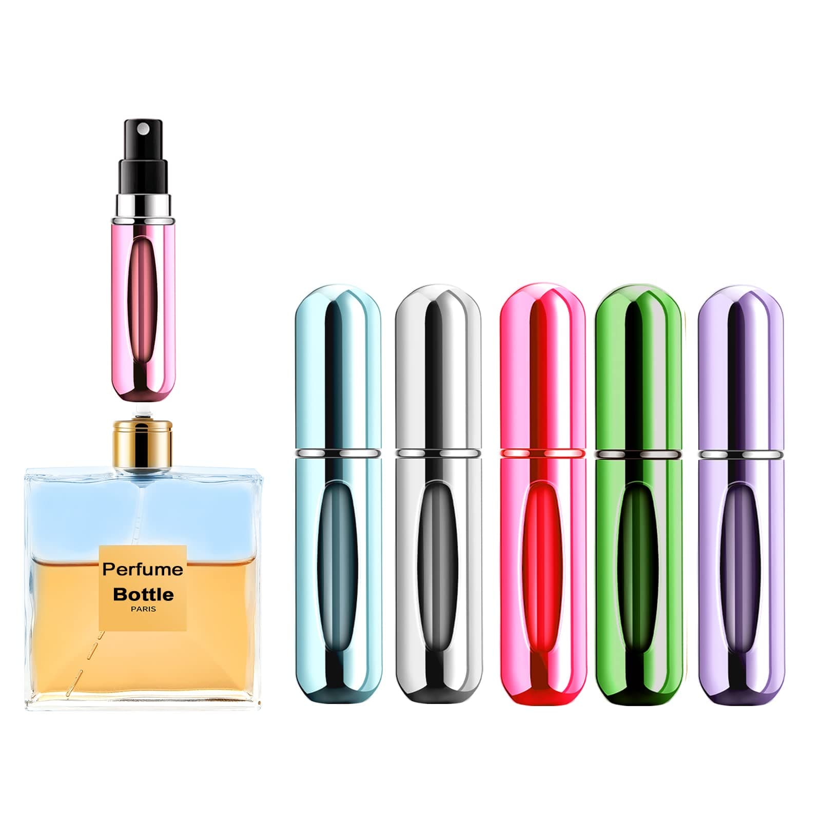 Yamadura Portable Mini Refillable Atomizer Bottle (5ml, Pack of 5, Purple, Blue, Breen, Rose Red, Silver)