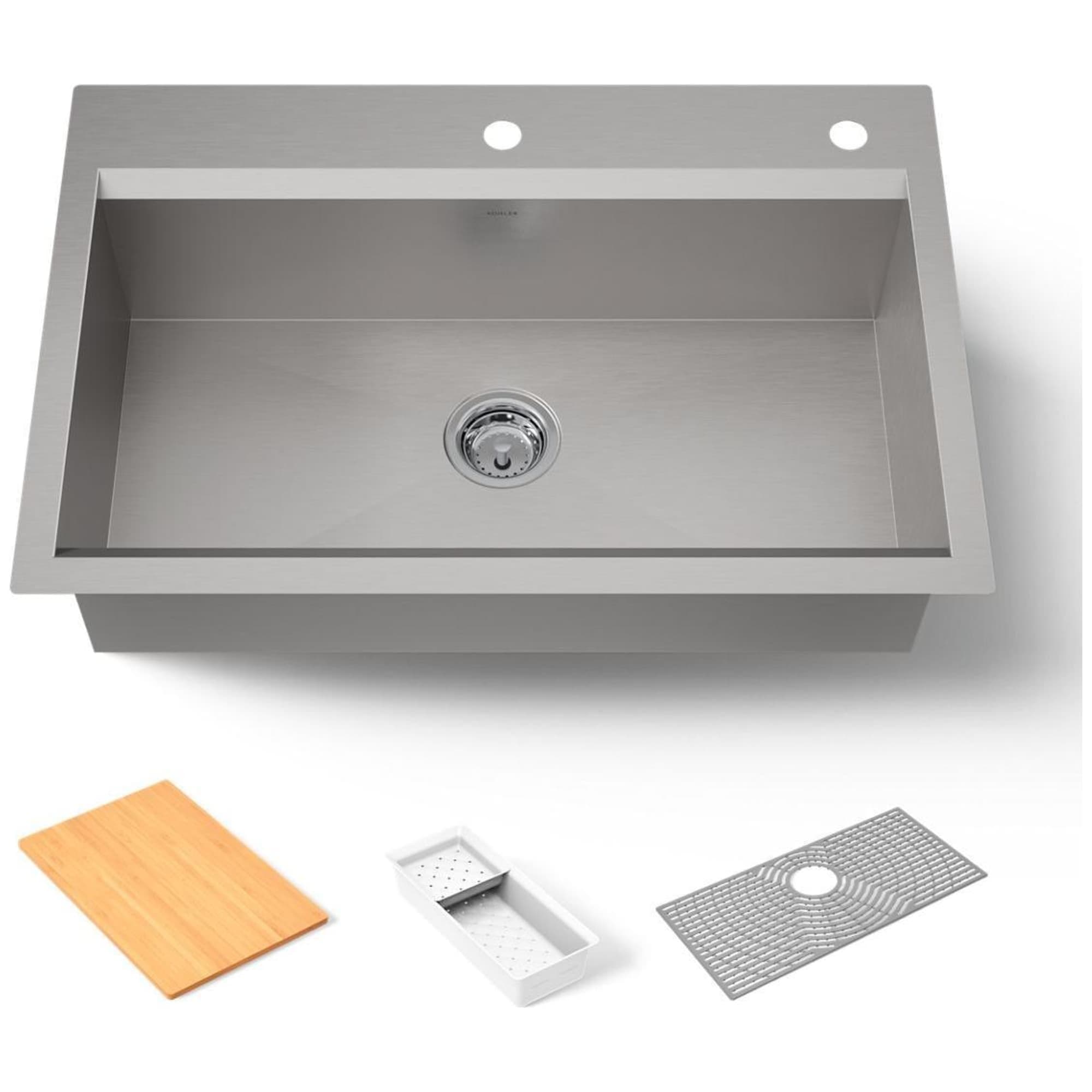 80084-2PC-NA Task™ 33" Top-/Undermount Single-Bowl Workstation Sink, Includes Kitchen Sink Accessories, Stainless Steel, 2 Faucet Holes