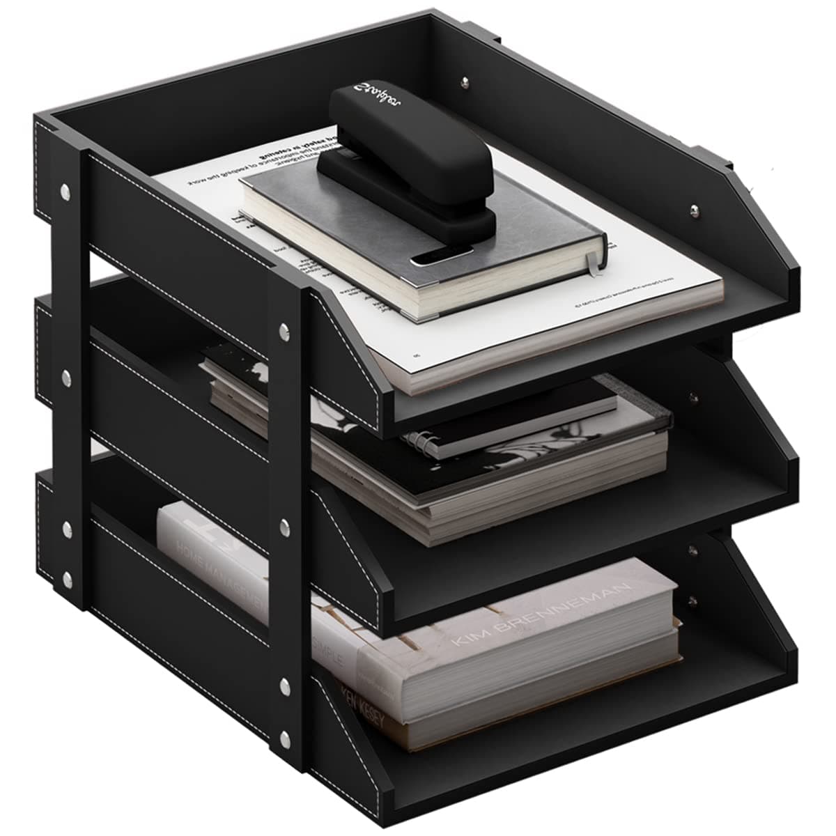 Thipoten Leather Desk Organizer, 3-Tier Stackable Letter Tray Holder for Office Supplies, Paper, File, Magazine, Perfect Office Organization for Desktop (Black-3Tiers)