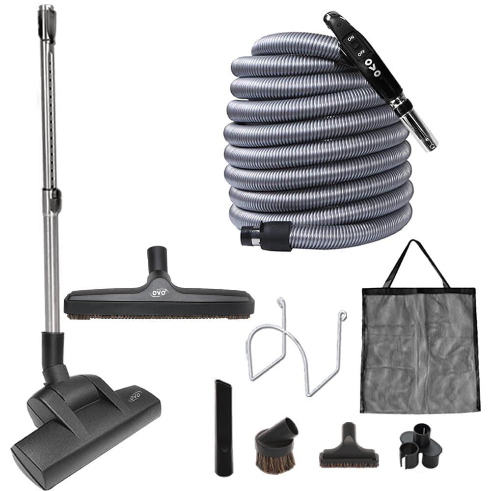 - Central Vacuum Deluxe Plus Kit, 40ft ON/Off Low-Voltage Hose, Air Driven Carpet Beater, 12’’ Premium Floor Brush, Cleaning Tools and Easy Storage Accessories