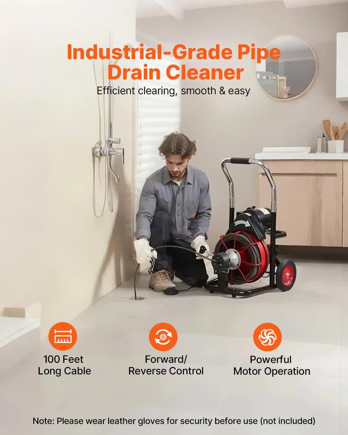 VEVOR 100FT x 3/8 inch Drain Cleaner Machine, Auto Feed Sewer Snake Auger for 2" to 4" Pipes, Movable & Portable Plumping Cleaning Tool with 8 Interchangable Cutters & Air-activated Foot Switch