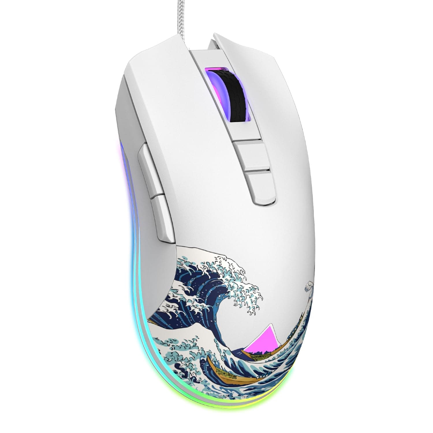 COSTOM Womier G705 USB Wired Gaming Mouse for PC Computer Windows Mac Laptop, Lightweight Silent RGB Backlit Mouse with Adjustable 12000DPI/7 Programmable Side Buttons,White Kanagawa Theme