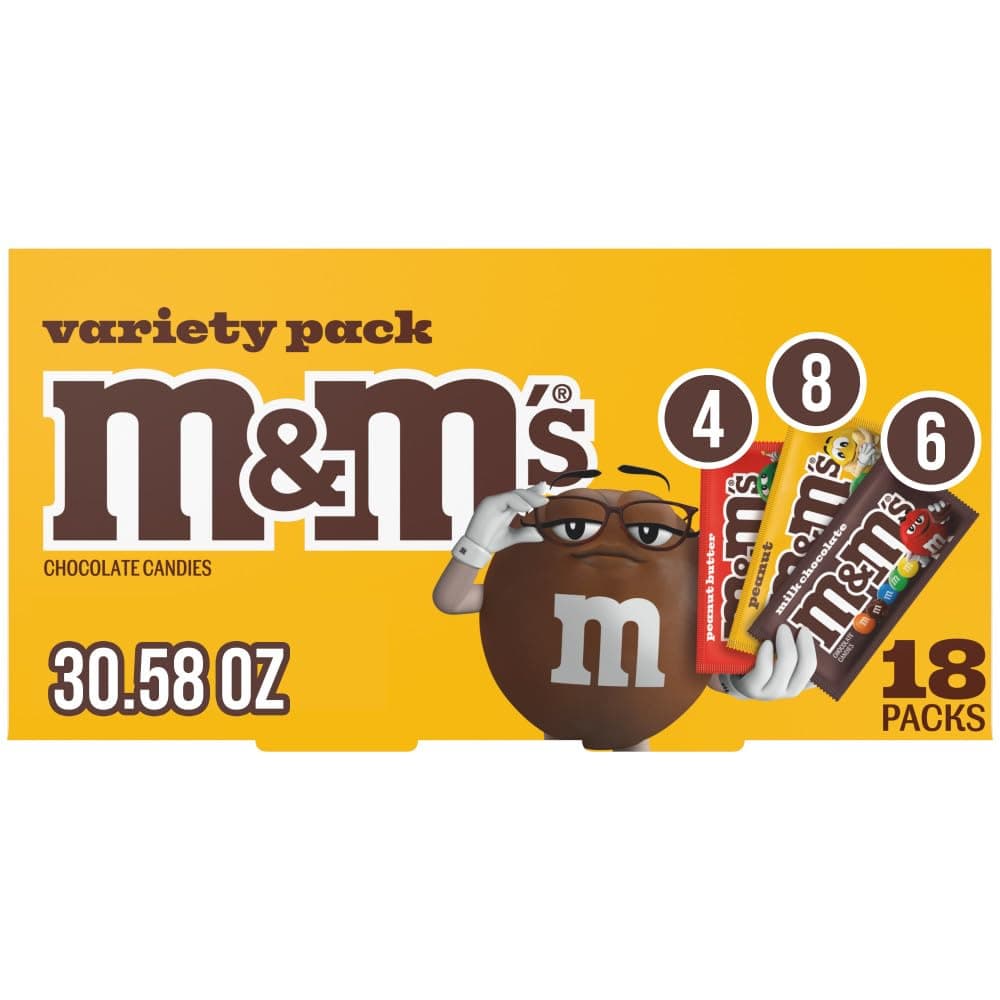 M&M'S Milk Chocolate, Peanut, and Peanut Butter Candy Variety Pack, Individually Wrapped Full Size Pack of 18 Bulk Candy Chocolate for Parties, Baking & Sharing