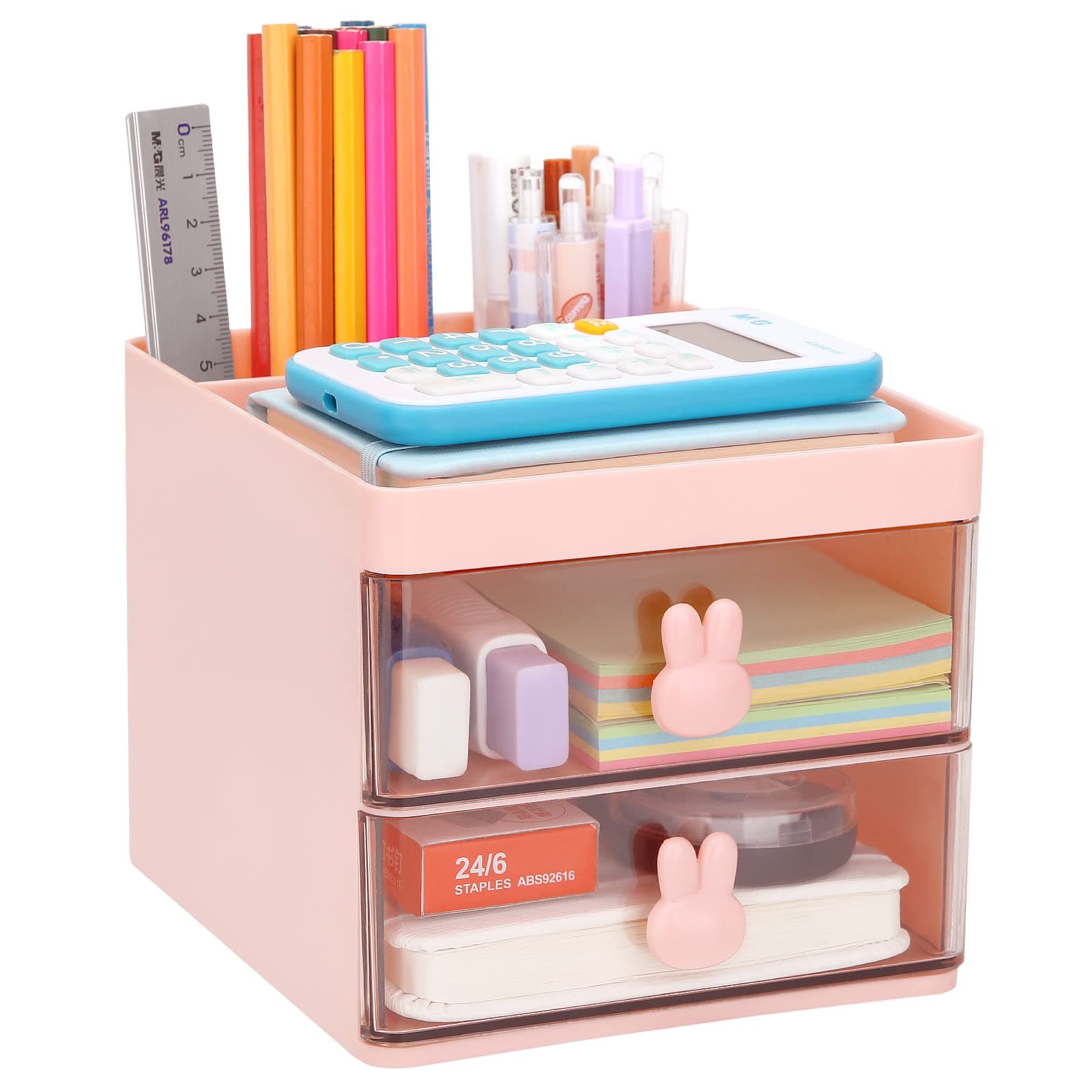 LETURE Small Desk Organizer With Drawer, Office Desktop Storage Box, Business Card/Pen/Pencil/Mobile Phone/Stationery Holder Storage Box, Makeup Organizer for Office School Home (Pink)