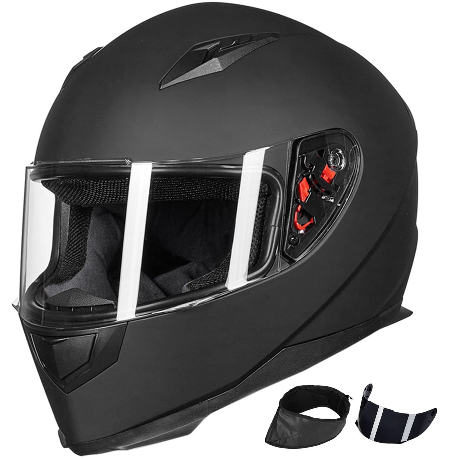 ILM Full Face Motorcycle Street Bike Helmet with Removable Winter Neck Scarf + 2 Visors DOT Model ILM-313 (L, Matte Black)