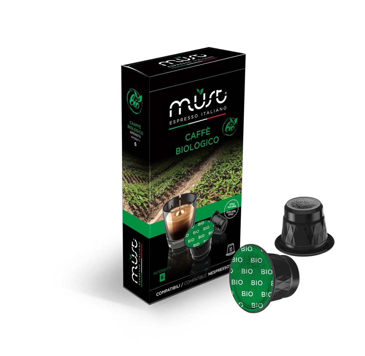 MUST, 100 Plastic Coffee Capsules, Organic Blend Intensity 6/8, 10 Packs of 10 Capsules, Compatible with Nespresso Machine, Made in Italy