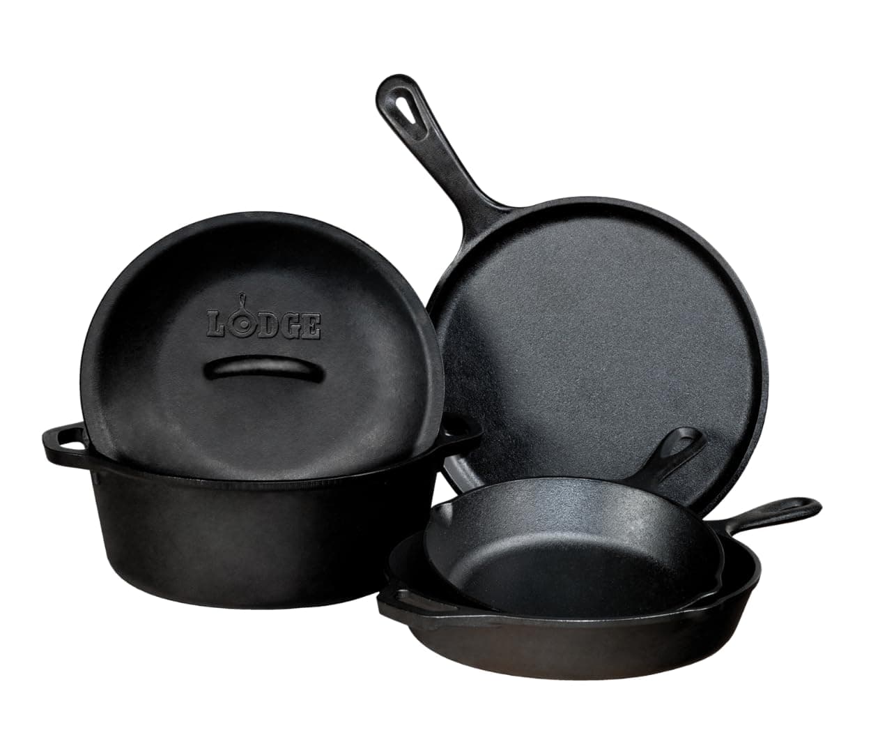 Lodge Seasoned Cast Iron 5 Piece Bundle. 10.5" Griddle, 8" & 10.25" Skillet