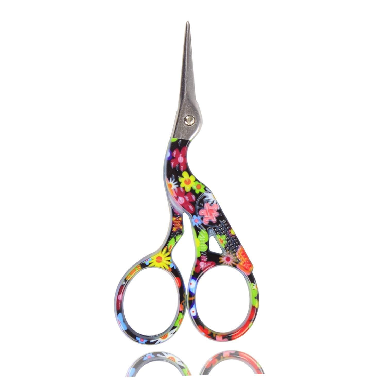 BIHRTC Stork Bird Scissors Embroidery Sewing Scissors Small Shears for Crafting Art Work Threading Needlework DIY Tools Dressmaker Everyday Use 3.6 Inch Black Floral Pattern