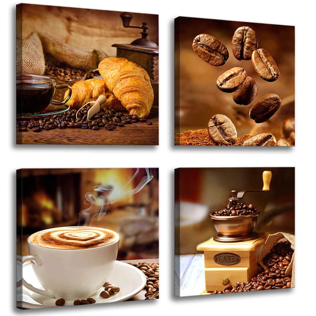 Kitchen Canvas Art Coffee Bean Coffee Cup Canvas Prints Coffee Wall Decor-4 Panels Framed Ready to Hang Coffee Image-Table Dining Room Canvas Wall Art Contemporary Pictures for Dining Home Decoration