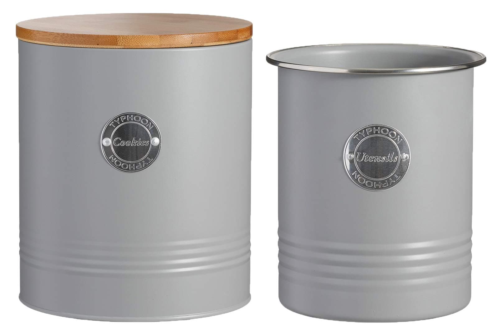 Typhoon Living Utensil Pot and Airtight Biscuit/Cookie Storage Canister with Bamboo Lid, Set of 2, Grey