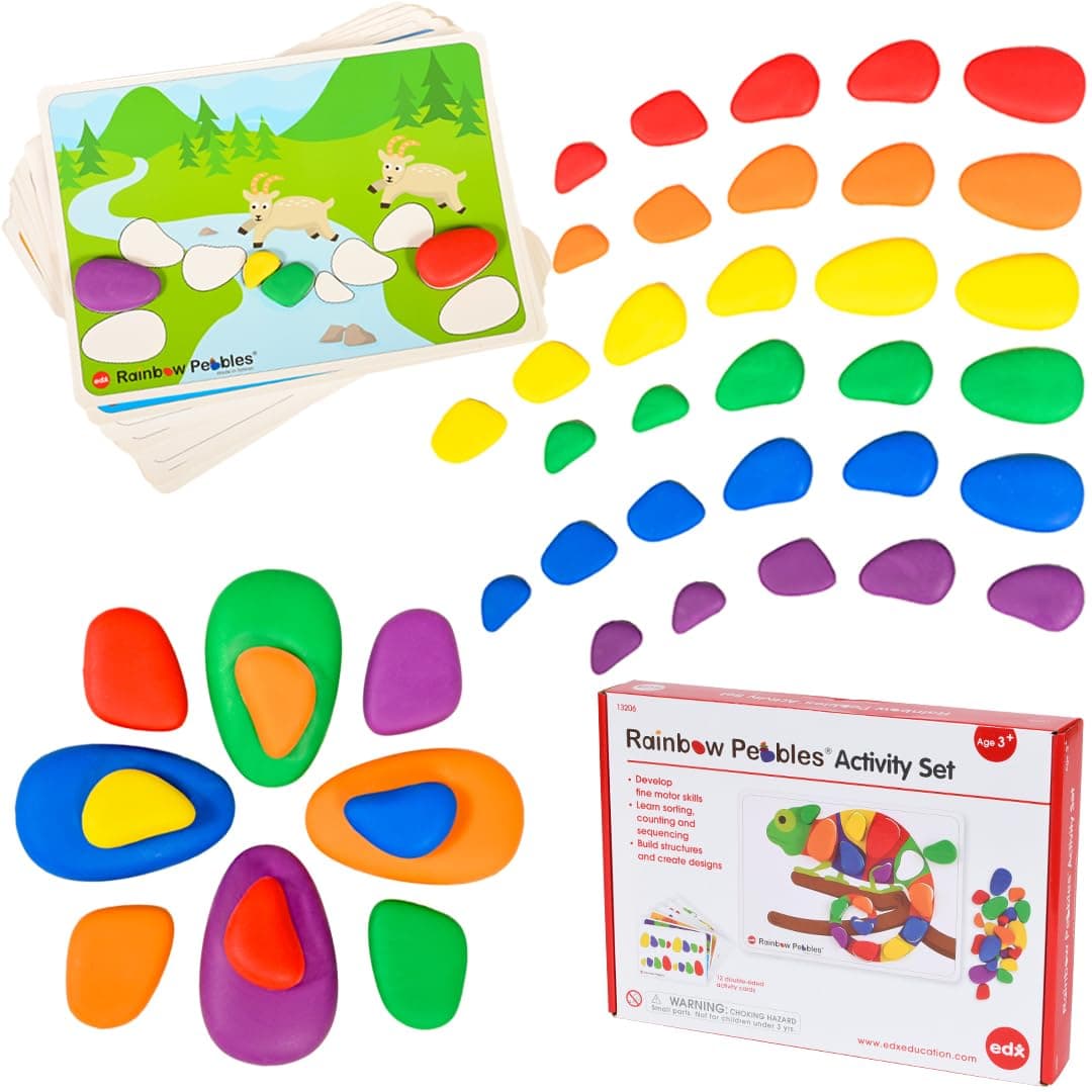 Rainbow Pebbles Activity Set | 48 Pebbles + 24 Activities | The Original Sorting and Stacking Stones | Early Maths Manipulative