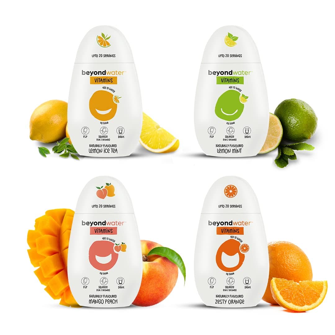 Beyond Water Vitamin Water - Assorted Pack - 4 X 20 Servings (Mango Peach, Orange, Lemon Mint, Lemon Ice Tea) Instant Fruit Drink Mix, Hydration Drink, 10+ Vitamins & Minerals, Healthy Fruit Flavour, 100% Natural Ingredients, Low in Sugar, Flavoured Water