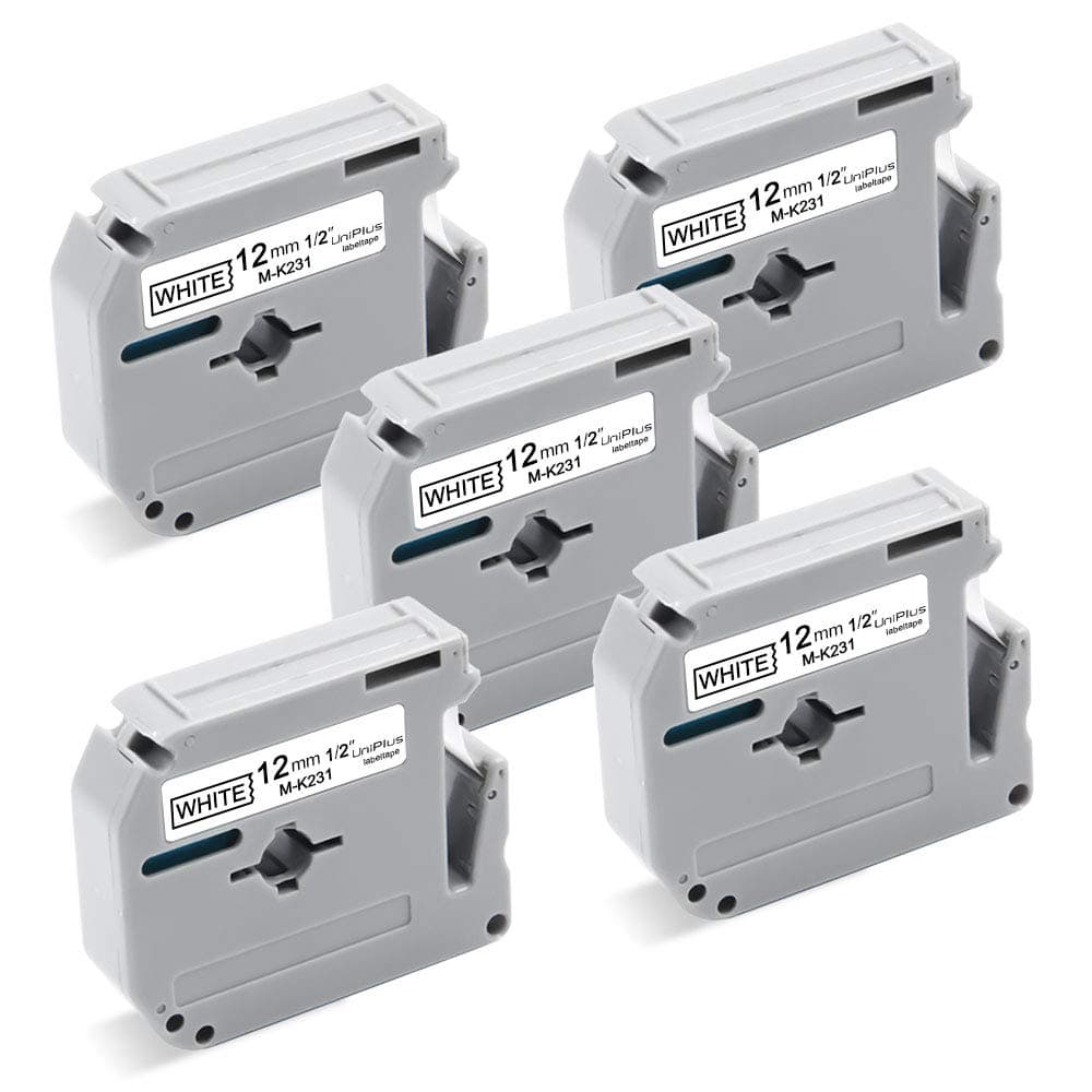 UniPlus5X Compatible Label Replacement for Brother M Tape 12mm M-K231S M-K231 M231 MK231 Black on White 12mm x 8m for Brother PT-65 PT-80 PT-M95 PT-90 PT-55 PT-60 PT-70 PT-75 PT-85 PT-65