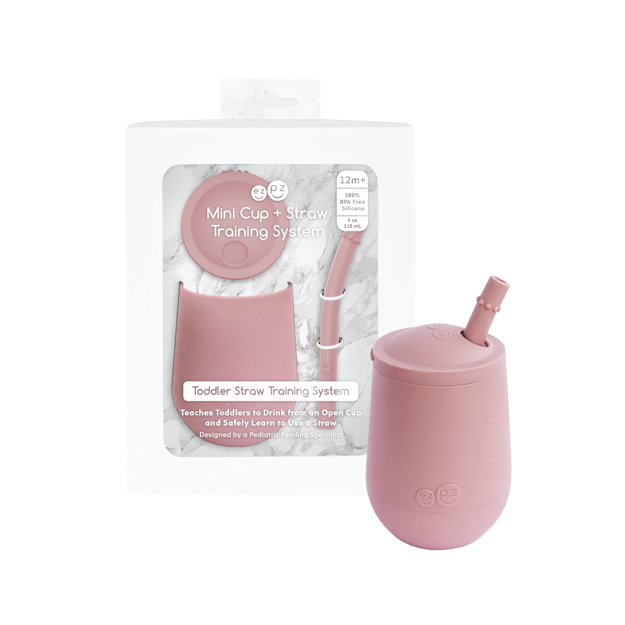 ezpz Mini Cup + Straw Training System - 100% Silicone Sippy for Infants Toddlers Designed by a Pediatric Feeding Specialist (Blush)
