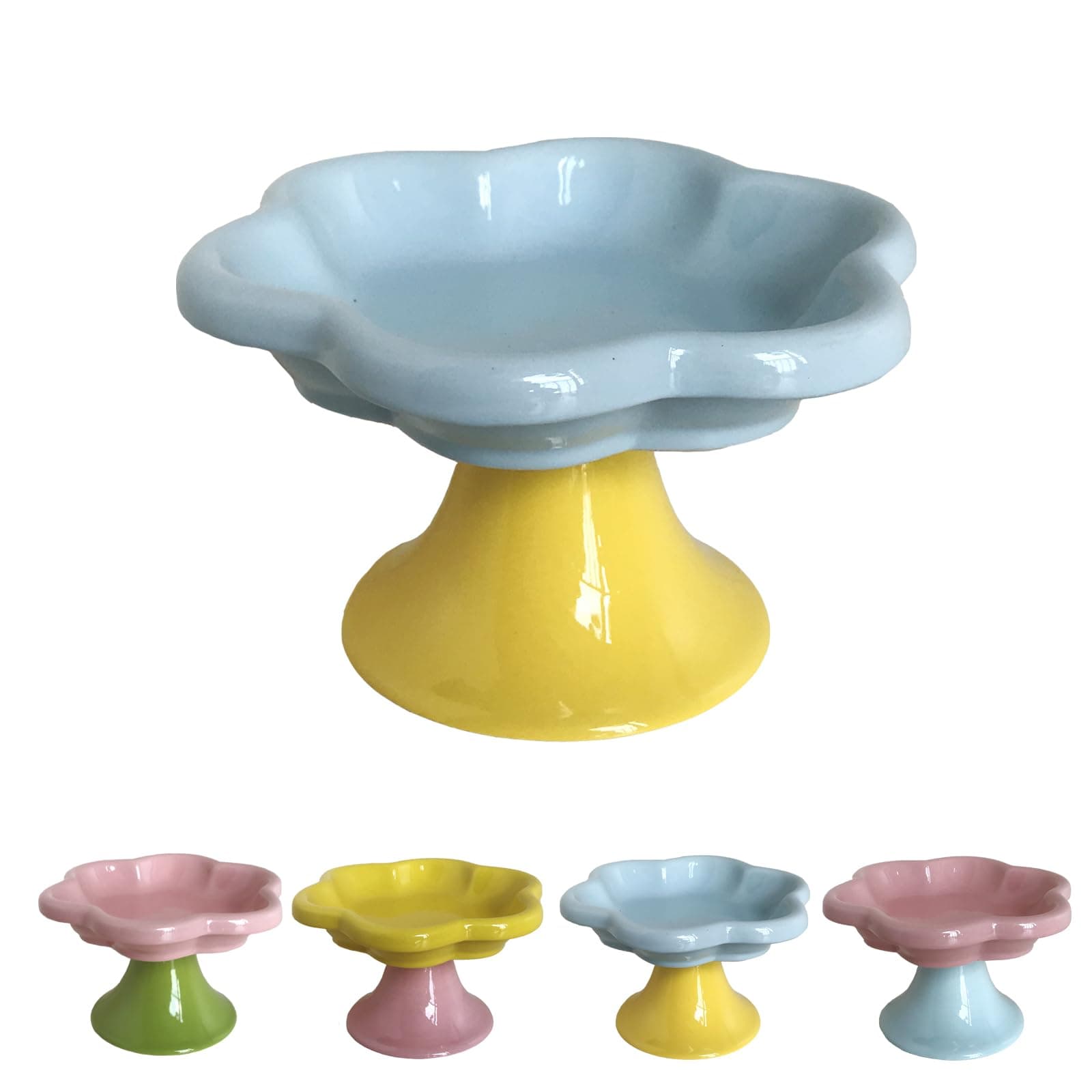 Ceramic Elevated Cat Bowls Flower Dish,Small Raised Dish.Flower Ceramic Raised Bowls for Cats and Small Dogs reducing pet’s Neck Bending and Pressure (Blue Yellow)