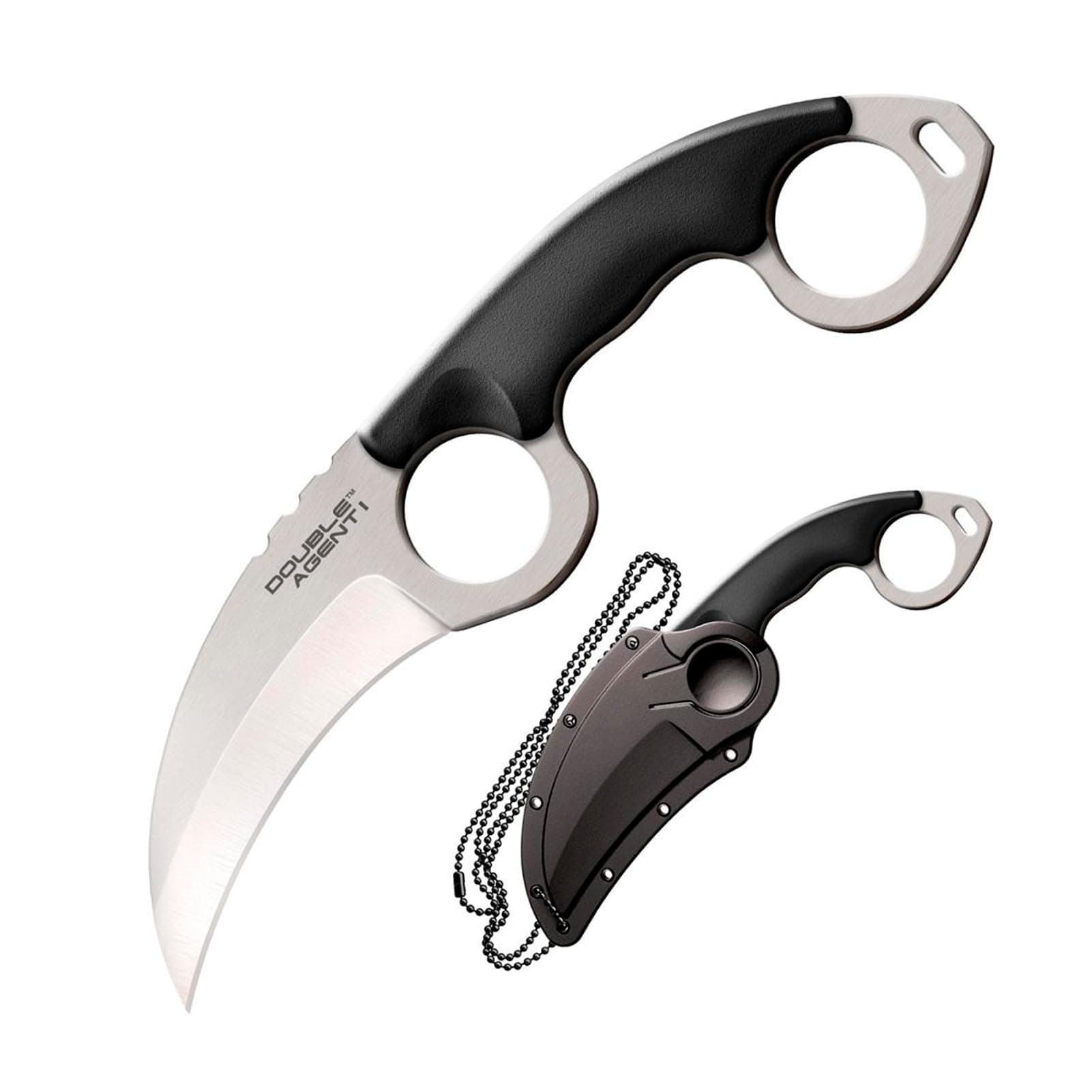 COLD STEEL Double Agent Durable Lightweight Japanese AUS8A Steel Karambit Shape 3" Fixed Blade Tactical Outdoor Hunting Knife, Kray-Ex Handle, Secure-Ex Sheath