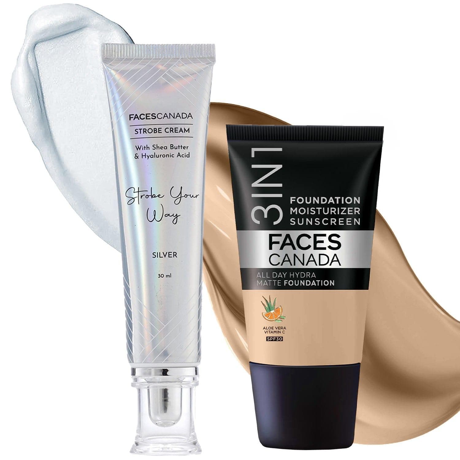 Celeb Glow Kit | Silver Strobe Cream (30ml) + Medium Natural All Day Hydra Matte Mini Foundation (18ml) | Makeup Kit For Women (Combo Pack of 2)