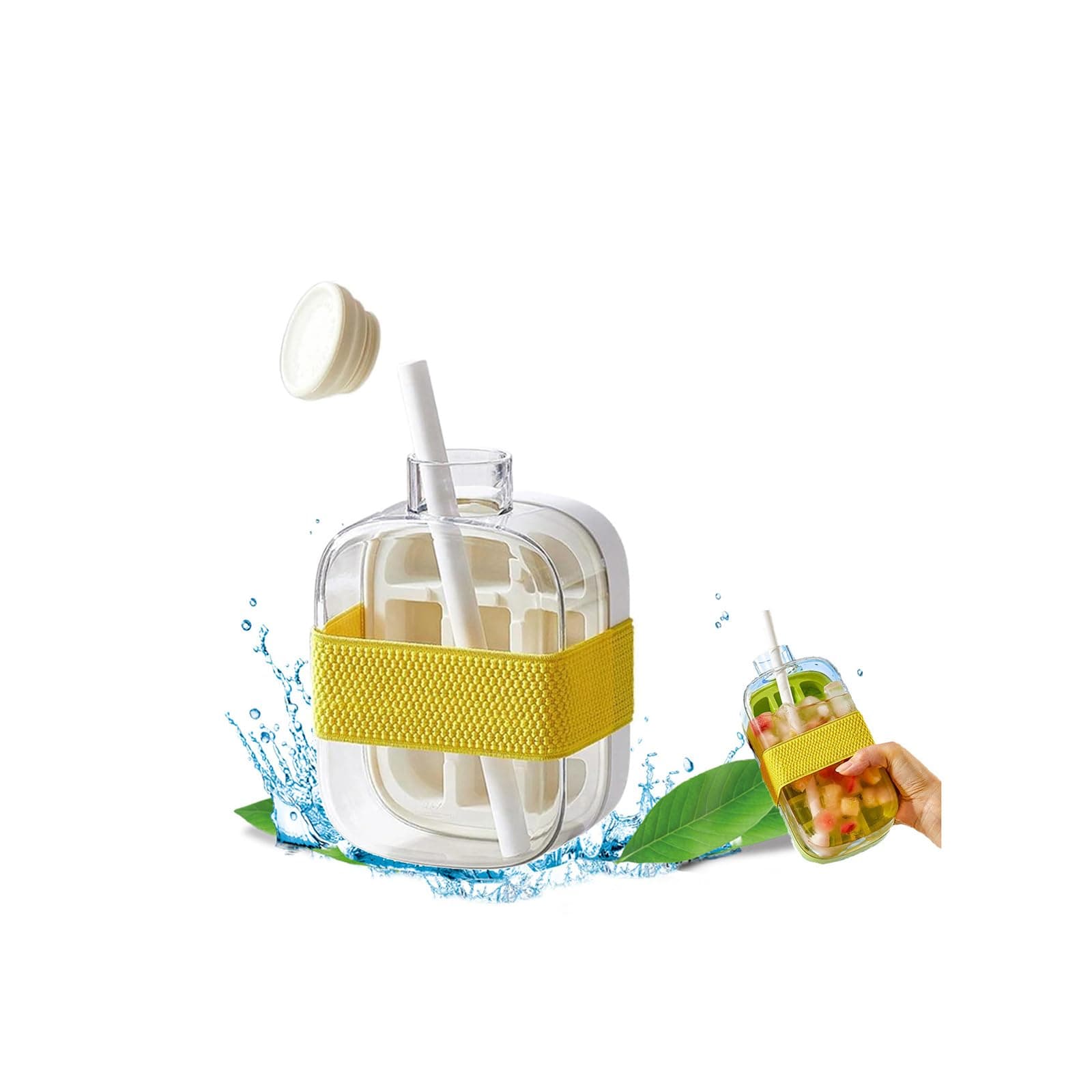 2-in-1 Ice Cube Bottle with Straw - Easy Press Ice Tray Water Bottle, Leak Proof Lid, Vertical Ice Maker for Freezer, Travel, Gym & Home Use (White, 500ml)