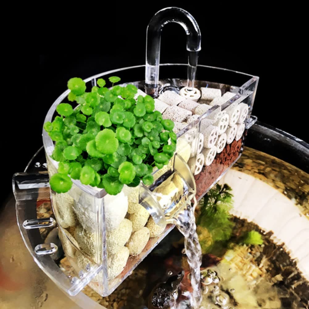 3-in-1 Aquarium External Filter Box - Acrylic Hang On Filter With Waterfall for Increased Oxygen and Water Purification - Fish Tank Accessory for Round Bowl (L)