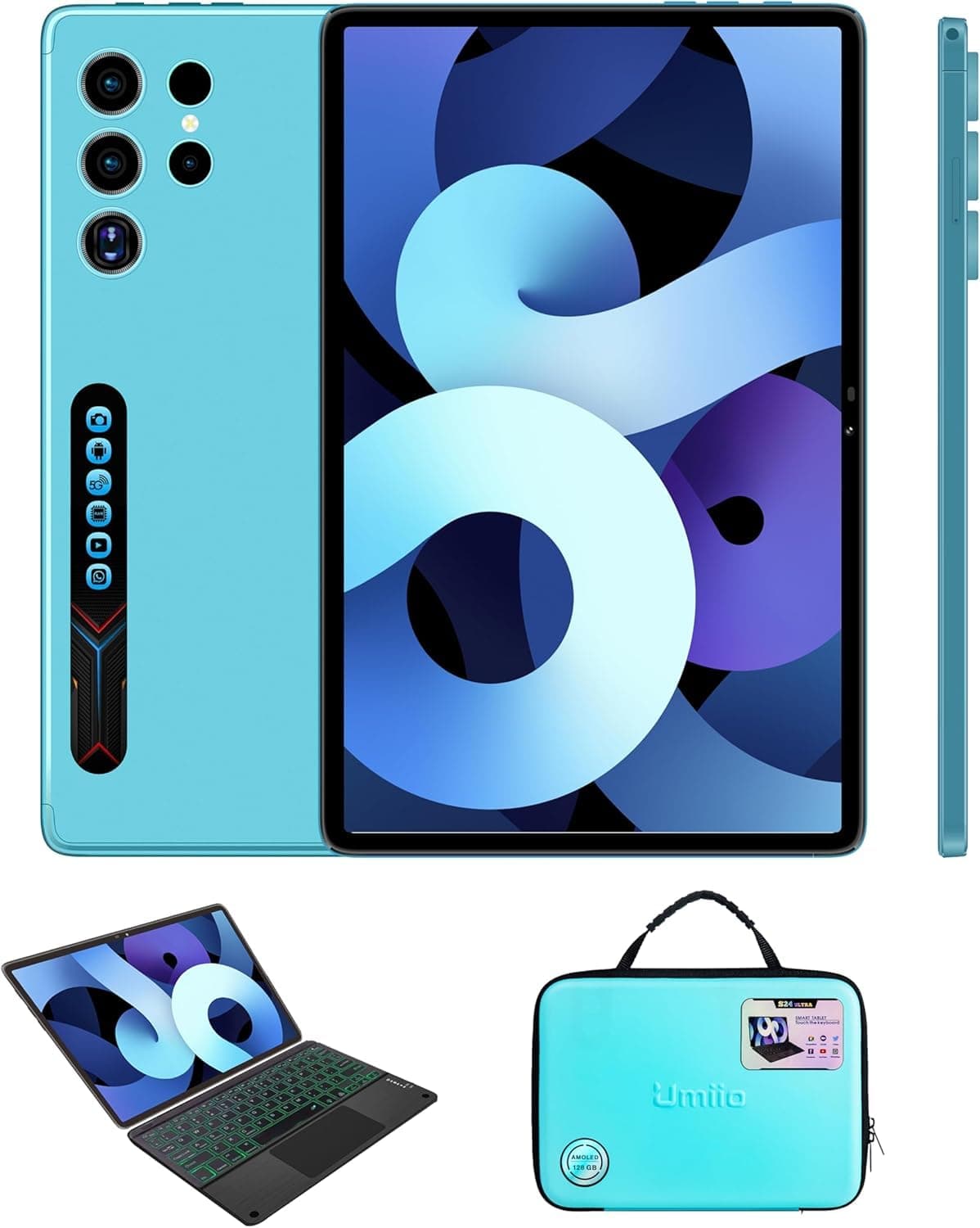 S24 Ultra 10.1" Android Tablet with Keyboard, Stylus & Handbag | Kids Tablet | Dual SIM 5G WiFi | HD Display, Dual Camera | Face Unlock, GPS | Tablet Laptop Combo (Blue)