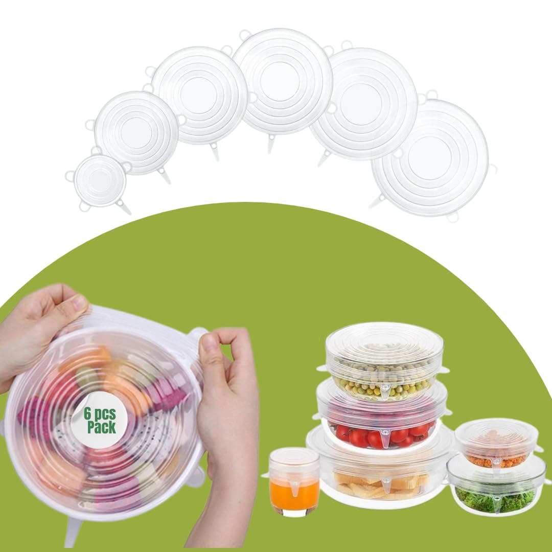 Silicone Stretch Lids, Multi-Size Reusable Silicone Lids for Bowls and Containers, Airtight Silicone Bowl Covers, BPA-Free, Eco-Friendly, Dishwasher and Freezer Safe (Pack of 6 Pcs)