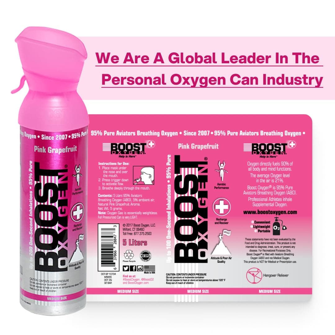 Boost Oxygen Portable Oxygen Cylinder with 95% Oxygen - 20L, 4x5L Oxygen Canister with Oxygen Mask for More Than 400 Inhalations - Portable Oxygen Can, Oxygen for Home use (Pink Grapefruit Flavour)