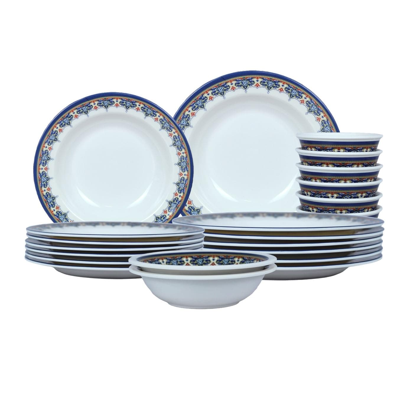 20 piece Melamine Dinner Set 6 Dinner plates, 6 Soup plates, 6 Rice bowl, 2 Salad Bowl, Dishwasher safe, Storng and Durable Long lasting material