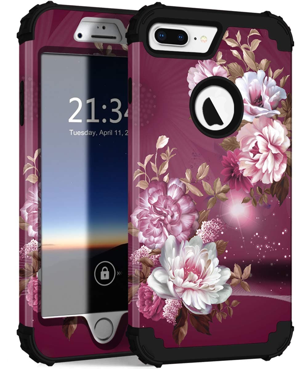 Hocase iPhone 8/7 Plus Case - Heavy Duty Shockproof Protection, Hybrid Hard Plastic+Silicone Rubber, Royal Purple/White Flowers