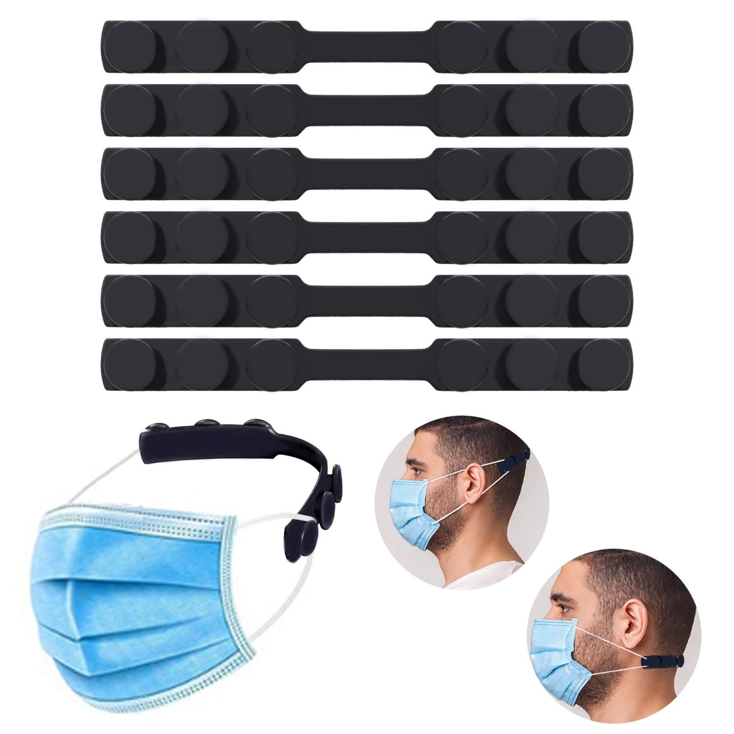 Mask Extender, Silicone Extending Hook Belt Ear Strap Hook Mask Hook, Adjustable Anti-Slip Mask Holder for Relieve Long-time Wearing Ears' Pressure & Pain(6PCS) (Black)